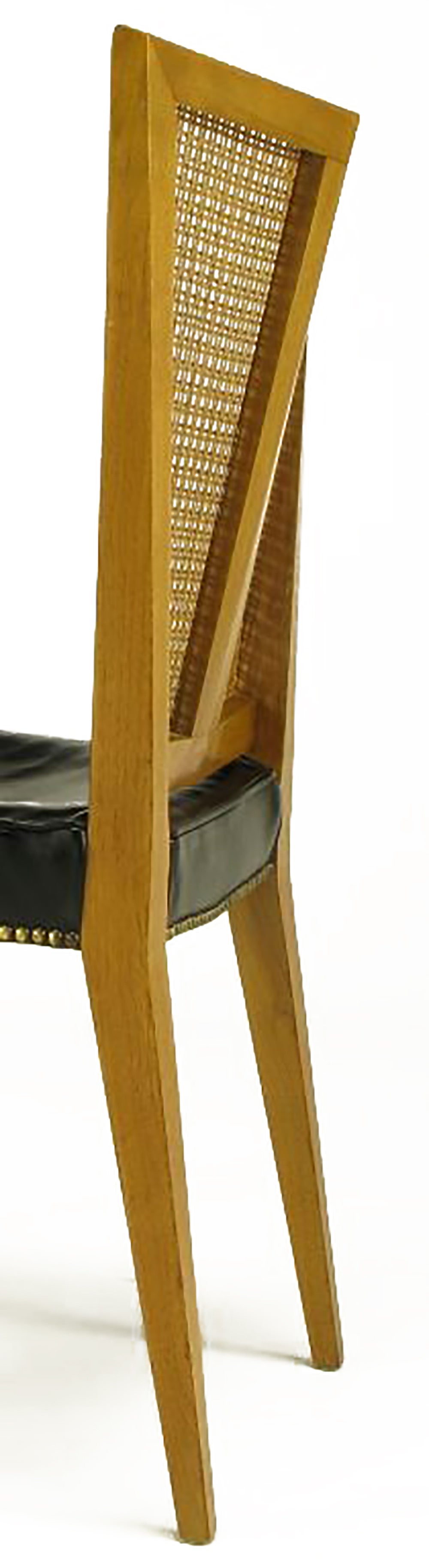 Cane Set of Six Michael Taylor for Baker Walnut and Leather Dining Chairs For Sale