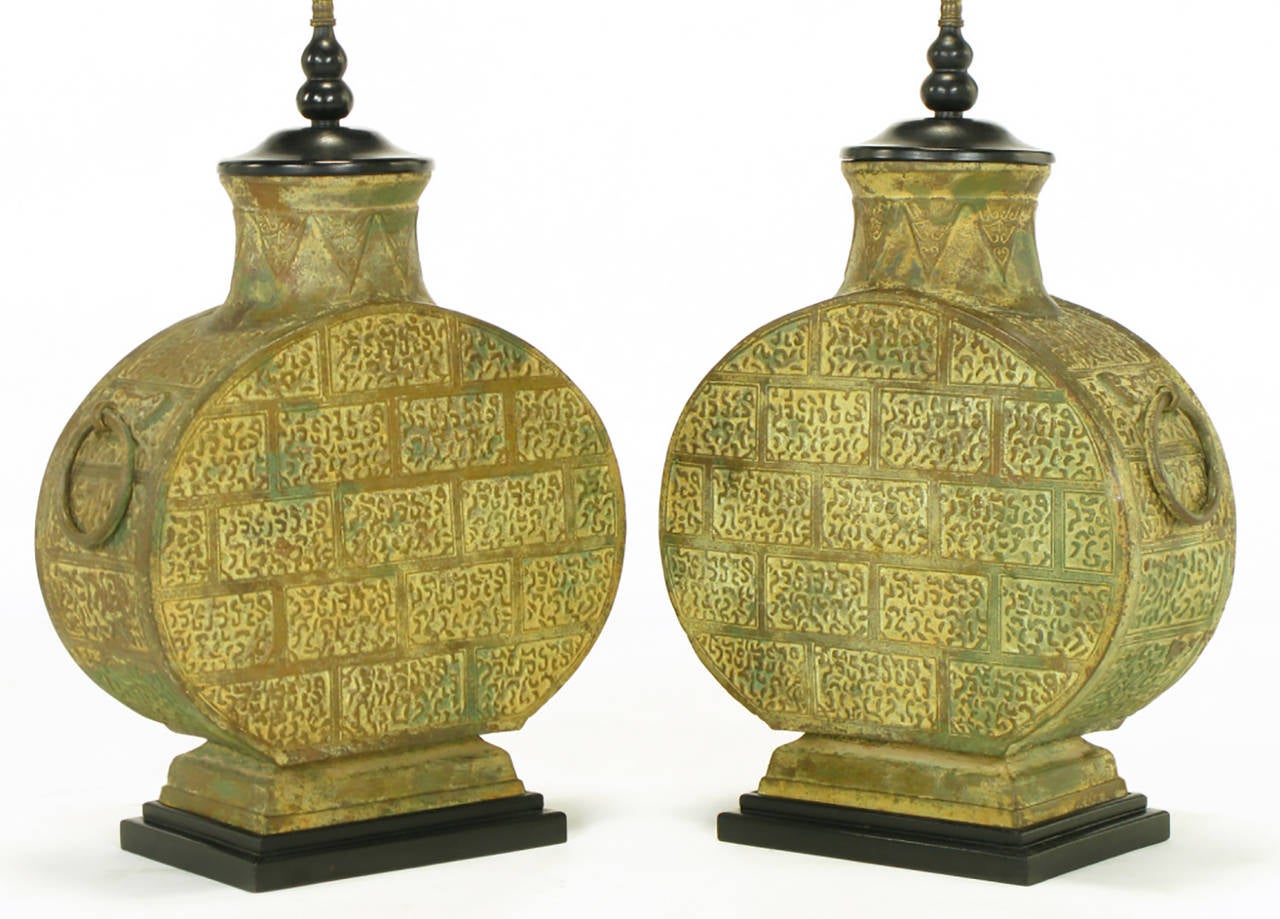 Lacquered Pair of Monumental Bronze Chinese Urn Table Lamps