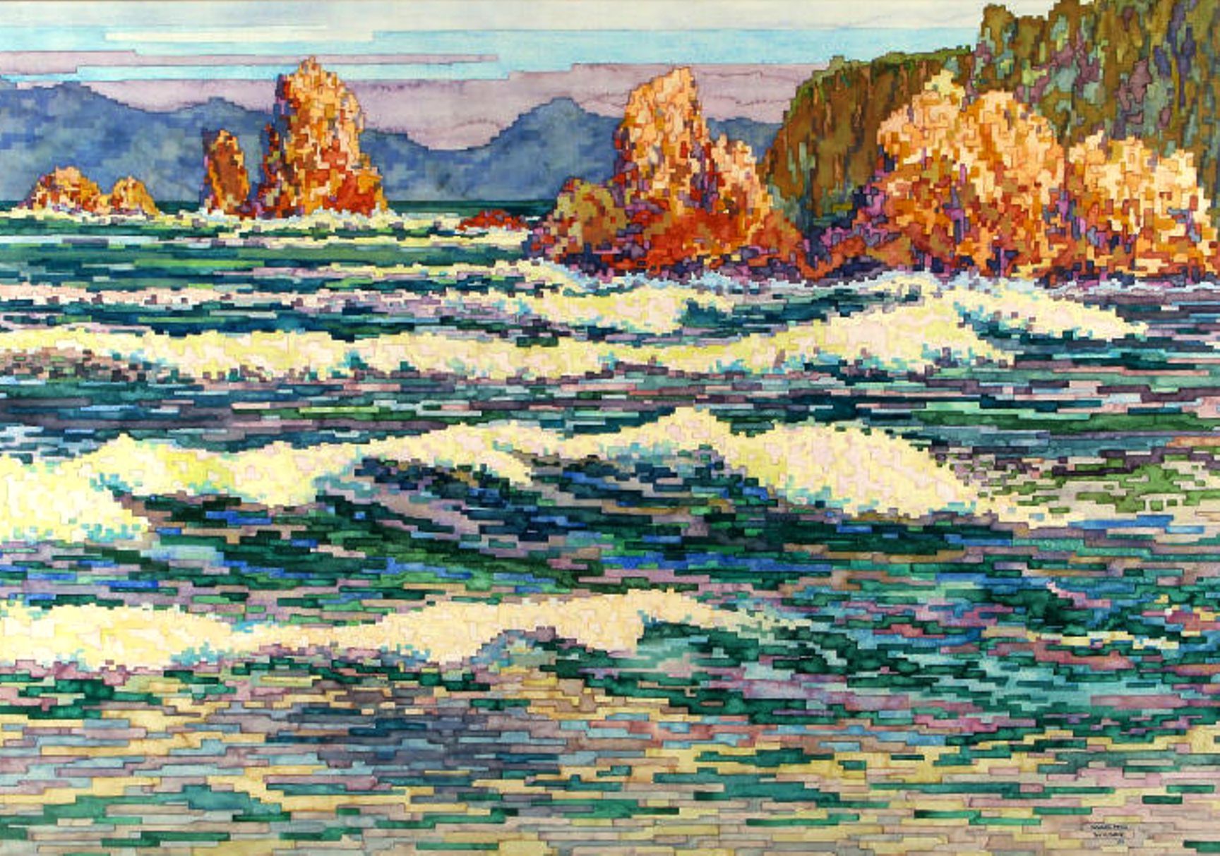 Large Colorful Mosaic Watercolor Seascape By Douglas Wilson