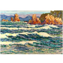 Large Colorful Mosaic Watercolor Seascape By Douglas Wilson