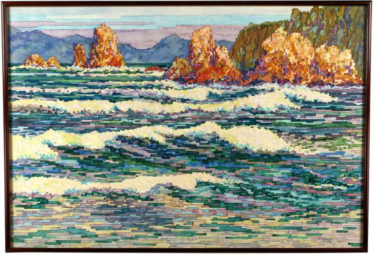 Douglas Fenn Wilson seaside water color painted with a series of dashes resembling a tile or stained glass mosaic. Combined, the brushstrokes reveal crashing waves, with a rocky shore backed by blue mountains and a lavender/blue sky. Signed Douglas