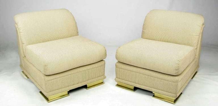 American Pair of Henredon Deco Revival Slipper Chairs in Taupe Silk and Brass