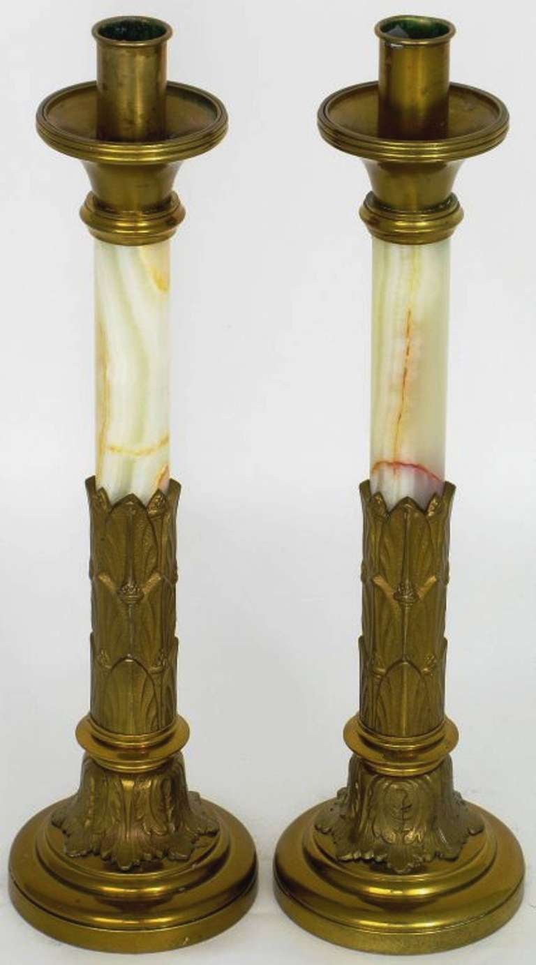 American Pair Art Deco Brass & Onyx Candlesticks