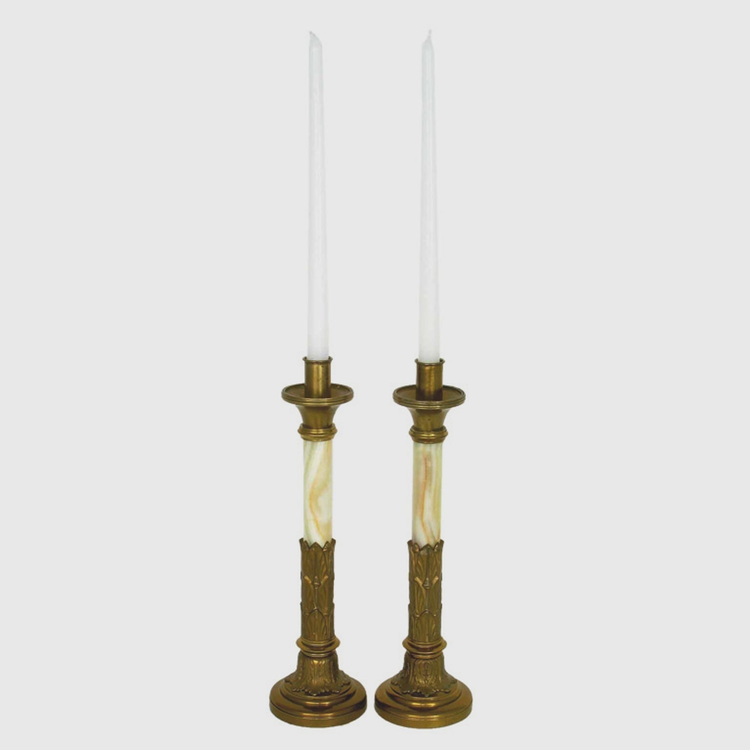 Pair Art Deco Brass & Onyx Candlesticks