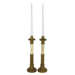 Pair Art Deco Brass & Onyx Candlesticks 5