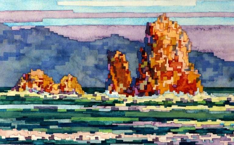 American Large Colorful Mosaic Watercolor Seascape By Douglas Wilson