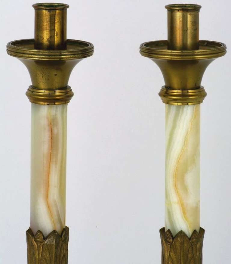 Pair Art Deco Brass & Onyx Candlesticks In Good Condition In Chicago, IL