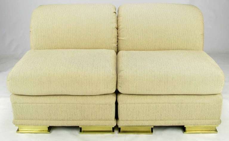 20th Century Pair of Henredon Deco Revival Slipper Chairs in Taupe Silk and Brass