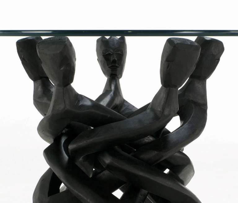 Mid-20th Century Pair Figural Carved & Ebonized African Interlocking Side Tables