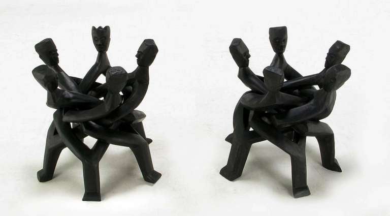 Pair Figural Carved & Ebonized African Interlocking Side Tables In Excellent Condition In Chicago, IL