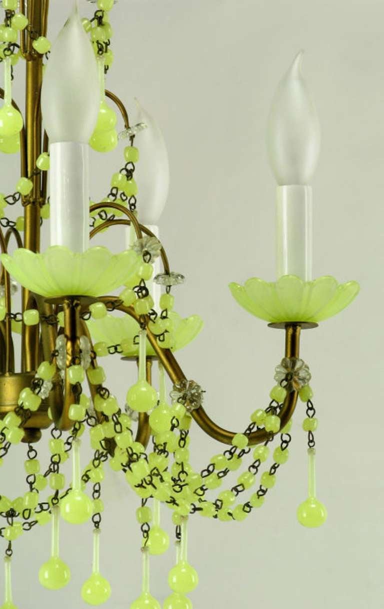 Italian Chartreuse Opalescent Glass and Brass Five-Arm Chandelier In Excellent Condition In Chicago, IL