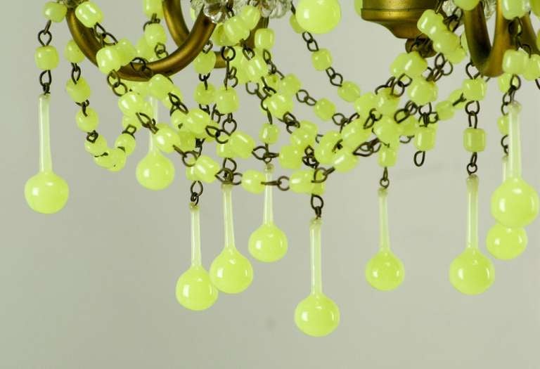 Italian Chartreuse Opalescent Glass and Brass Five-Arm Chandelier 1