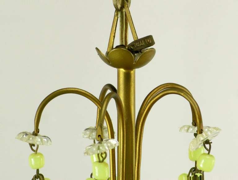 Italian Chartreuse Opalescent Glass and Brass Five-Arm Chandelier 2