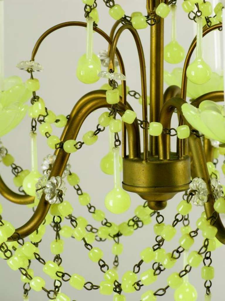 Mid-20th Century Italian Chartreuse Opalescent Glass and Brass Five-Arm Chandelier