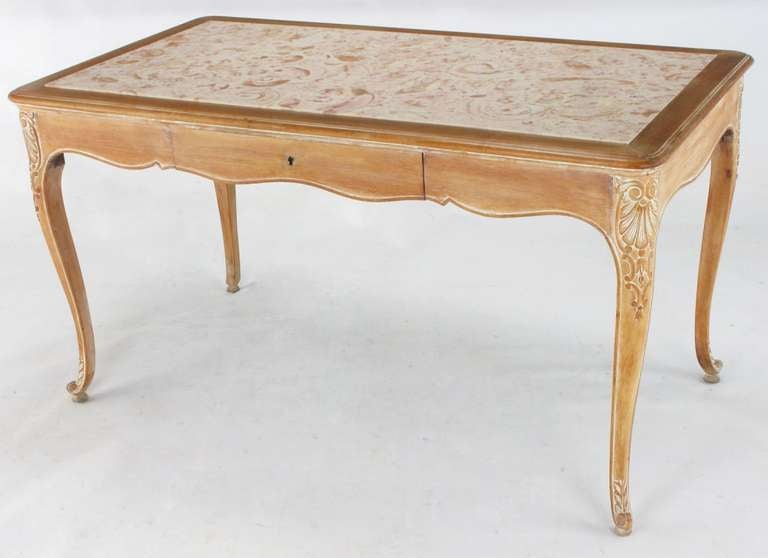 Carved 1920s Cassard et Cie Limed Wood and Ammonite Marble Writing Table