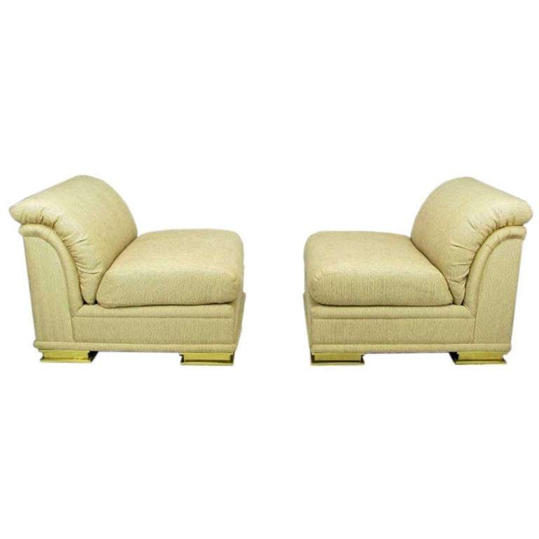 Pair of Henredon Deco Revival Slipper Chairs in Taupe Silk and Brass In Good Condition In Chicago, IL