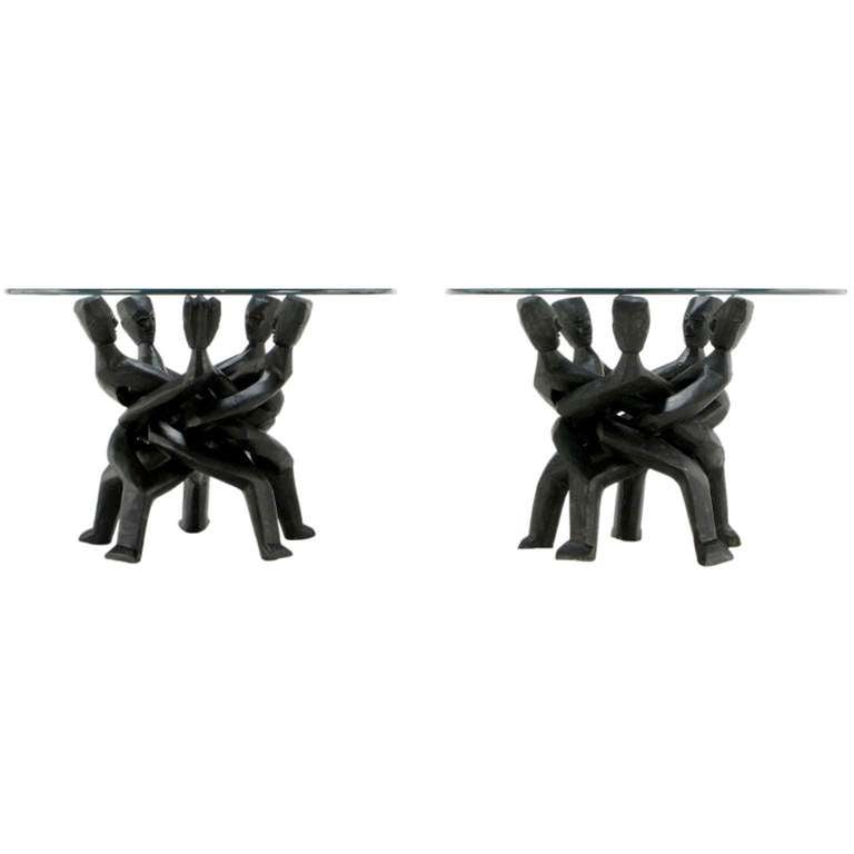 Central African Pair Figural Carved & Ebonized African Interlocking Side Tables