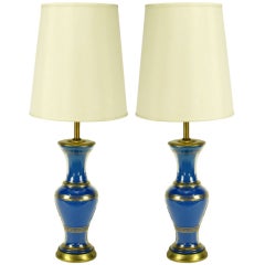 Pair of Frederick Cooper Royal Blue Glass Parcel Gilt Table Lamps