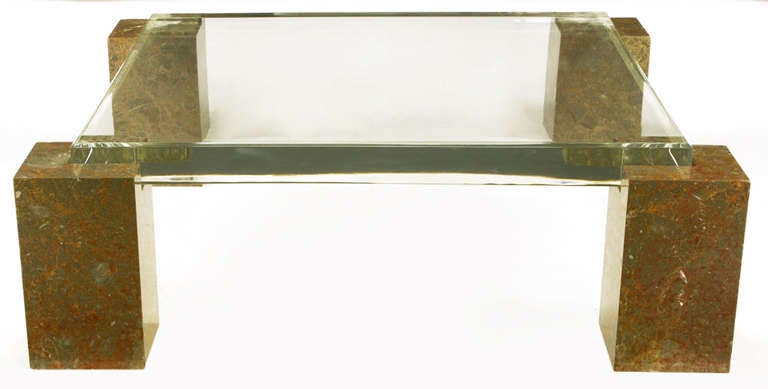 Brazilian Red Marble Column Coffee Table With 3" Thick Lucite Top