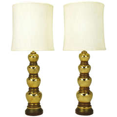 Vintage Pair 1930s Gold Glazed Porcelain Quadruple Gourd Table lamps.