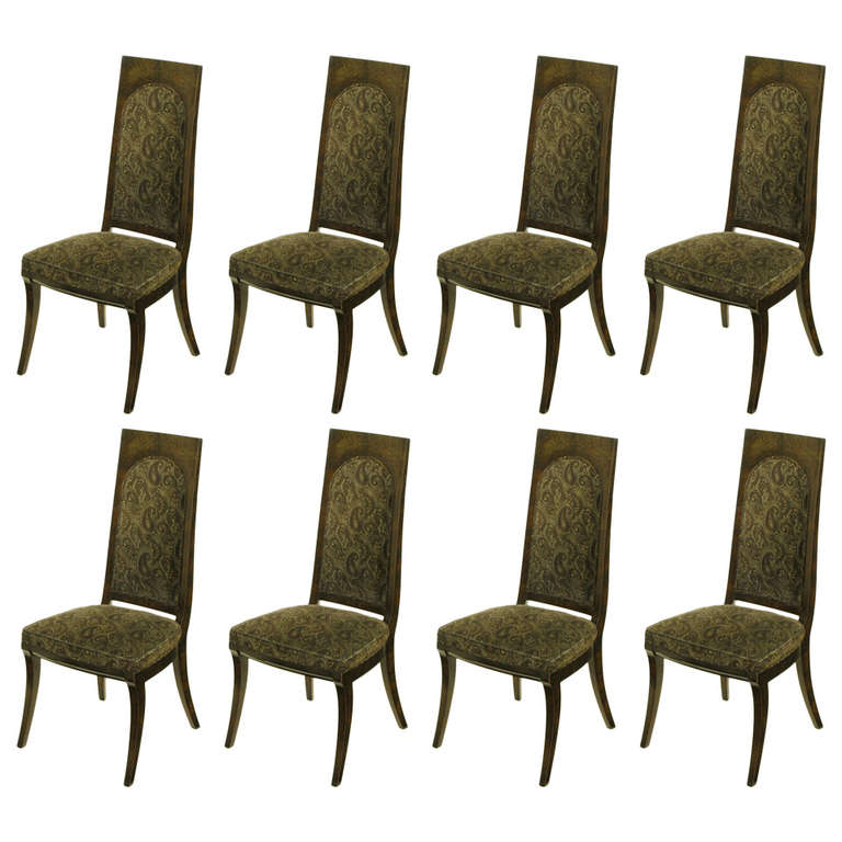 Set von acht Mastercraft-Esszimmerstühlen aus Amboyna-Wurzelholz und Samt mit Paisleymuster