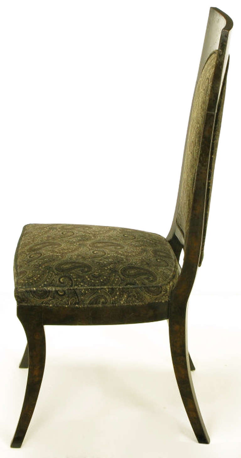 American Set of Eight Mastercraft Amboyna Burl and Paisley Velvet Dining Chairs For Sale