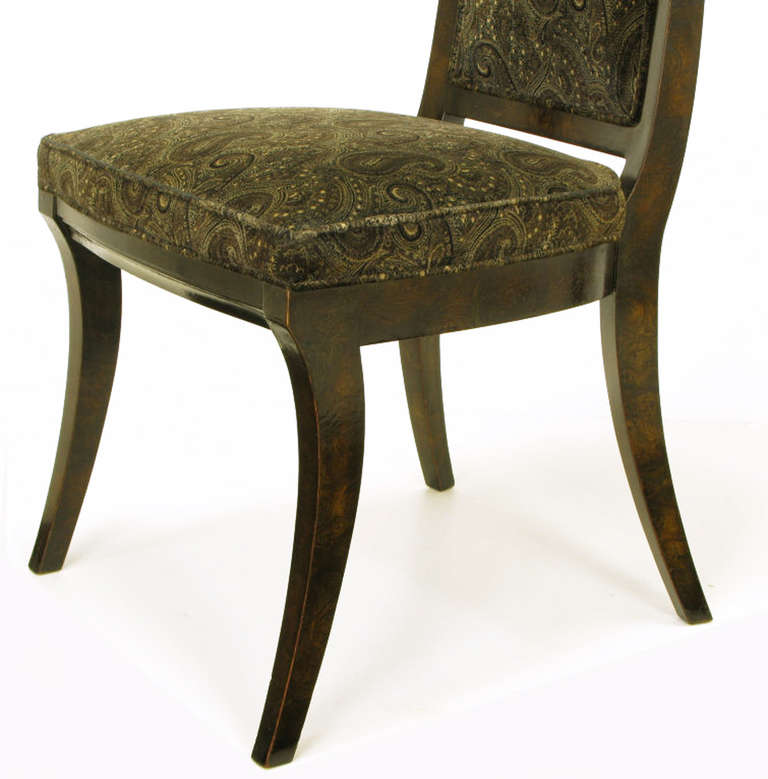 Set of Eight Mastercraft Amboyna Burl and Paisley Velvet Dining Chairs For Sale 1