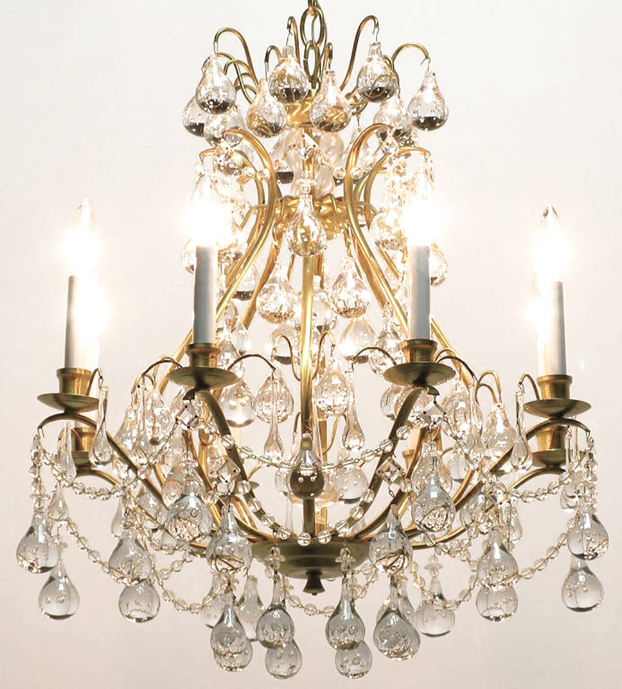 American Brushed Brass and Raindrop Bubble Crystals Eight-Arm Chandelier For Sale