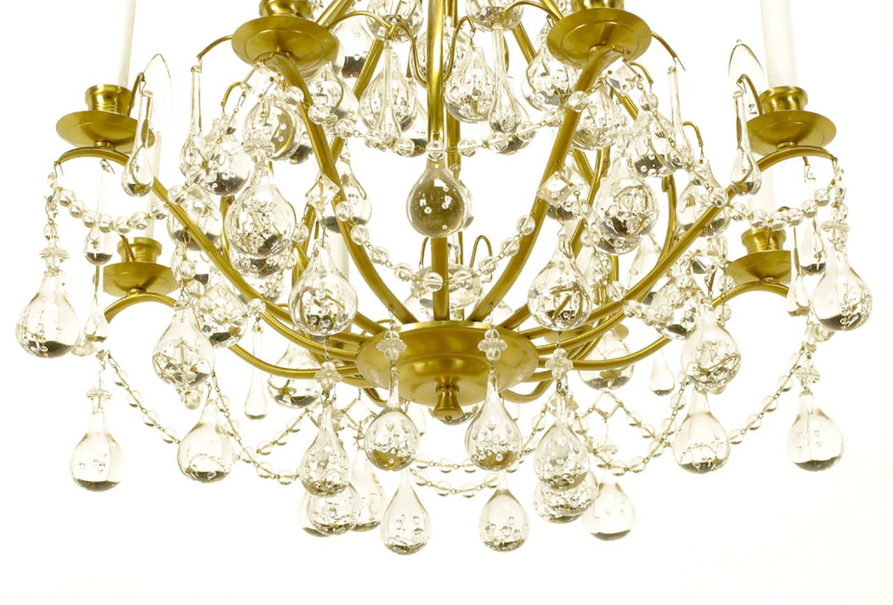 Brushed Brass and Raindrop Bubble Crystals Eight-Arm Chandelier In Excellent Condition For Sale In Chicago, IL