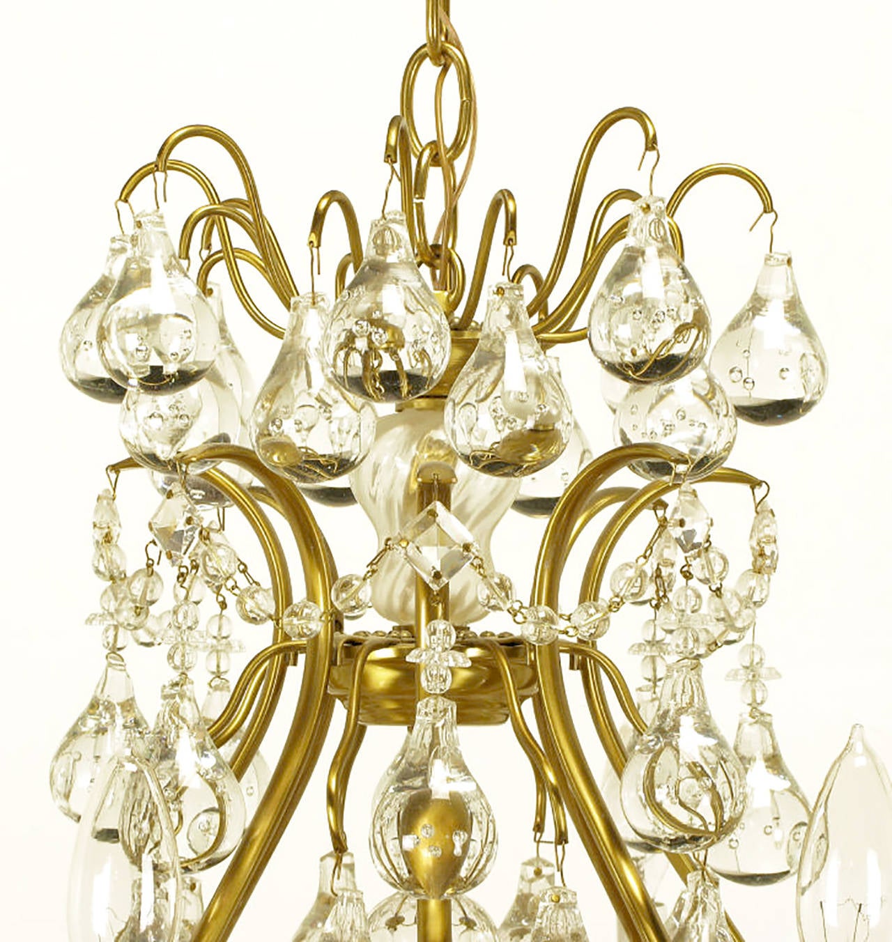 Mid-20th Century Brushed Brass and Raindrop Bubble Crystals Eight-Arm Chandelier For Sale