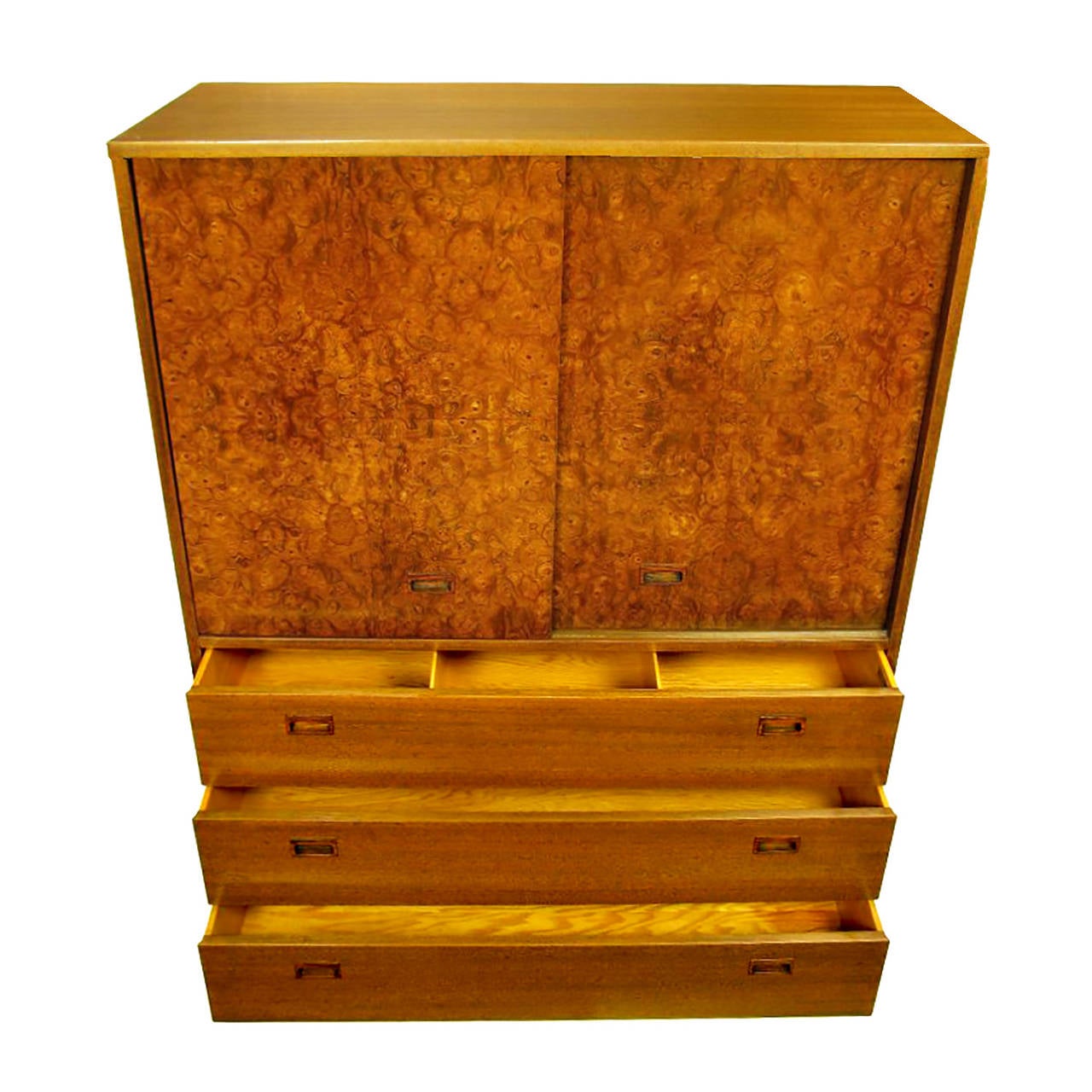 Américain Commode de gentleman Harvey Probber en loupe de frêne d'olivier, bois de rose et acajou en vente