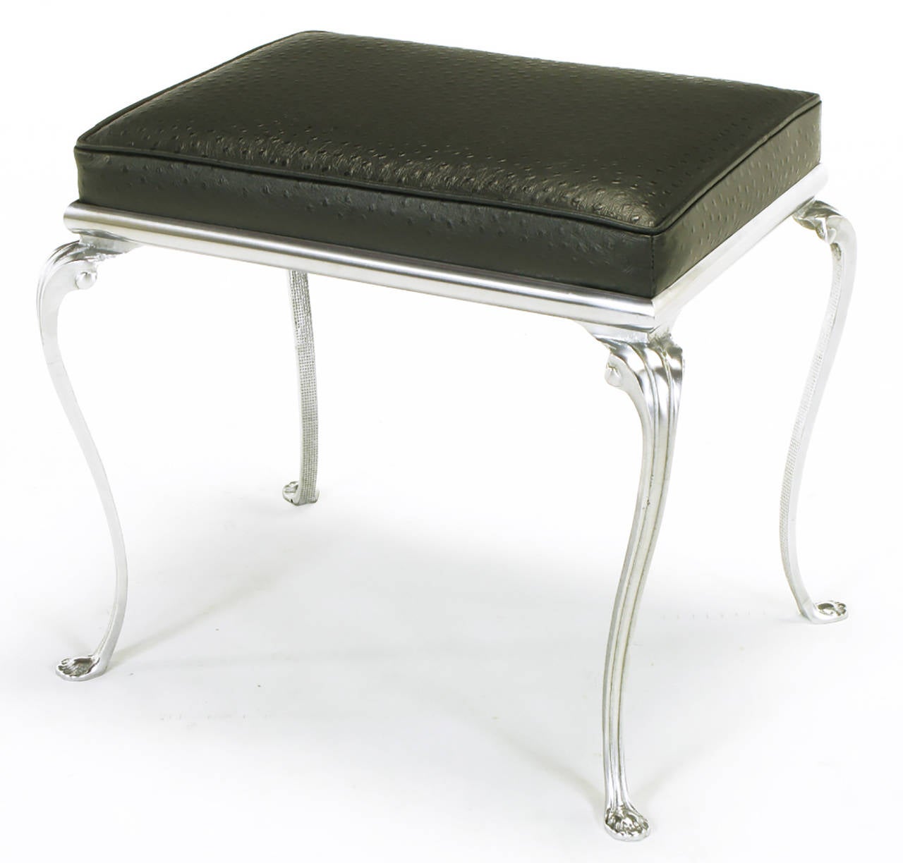 Elegant polished aluminum bench with cabriole legs and stylized paw feet in the manner of Arthur Court. New ostrich embossed leather upholstery.