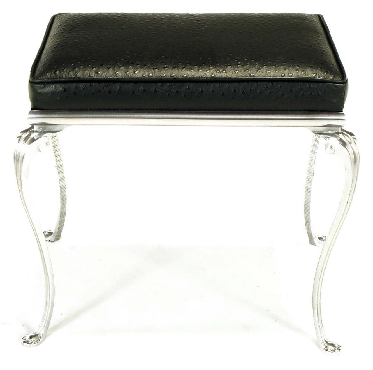 American Polished Aluminum Cabriole Leg Bench with Ostrich Embossed Leather