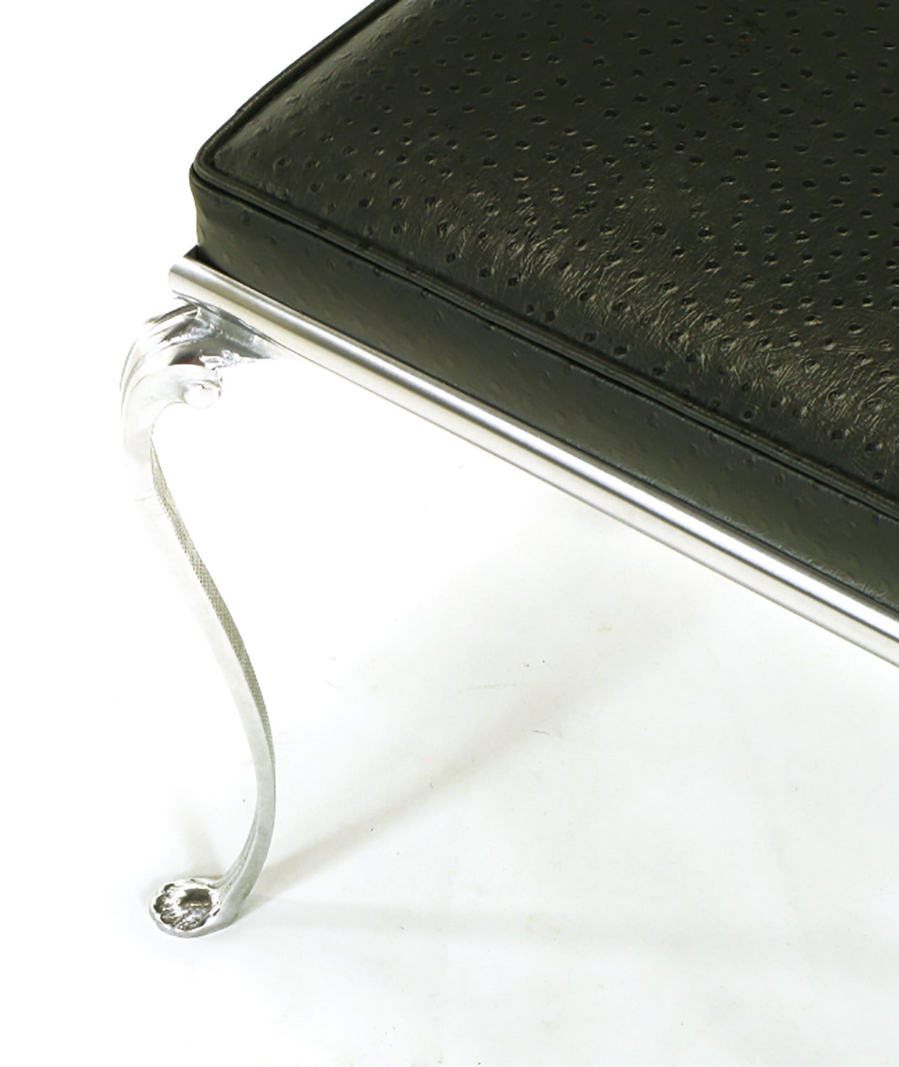 Polished Aluminum Cabriole Leg Bench with Ostrich Embossed Leather 1