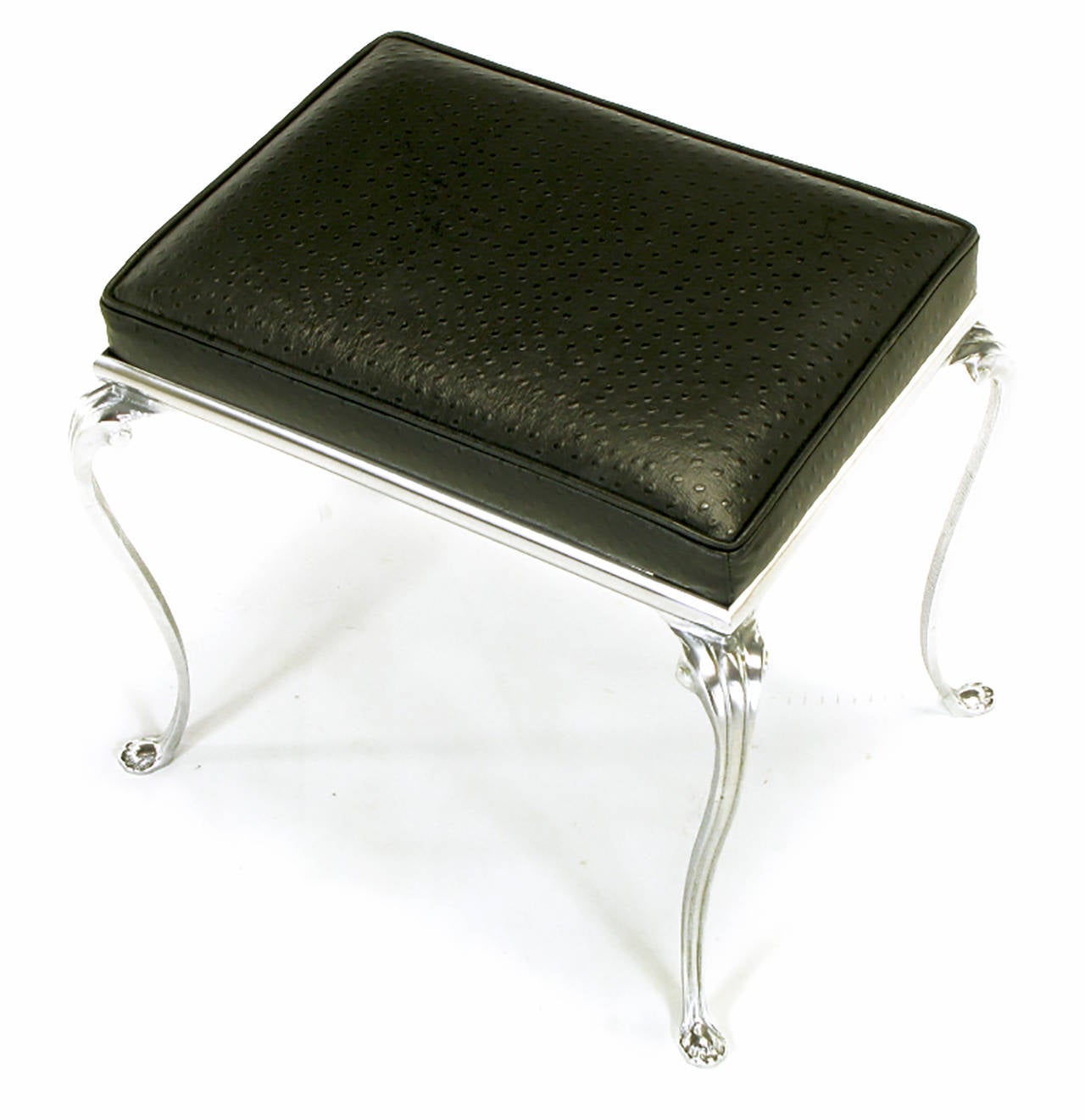 Mid-20th Century Polished Aluminum Cabriole Leg Bench with Ostrich Embossed Leather