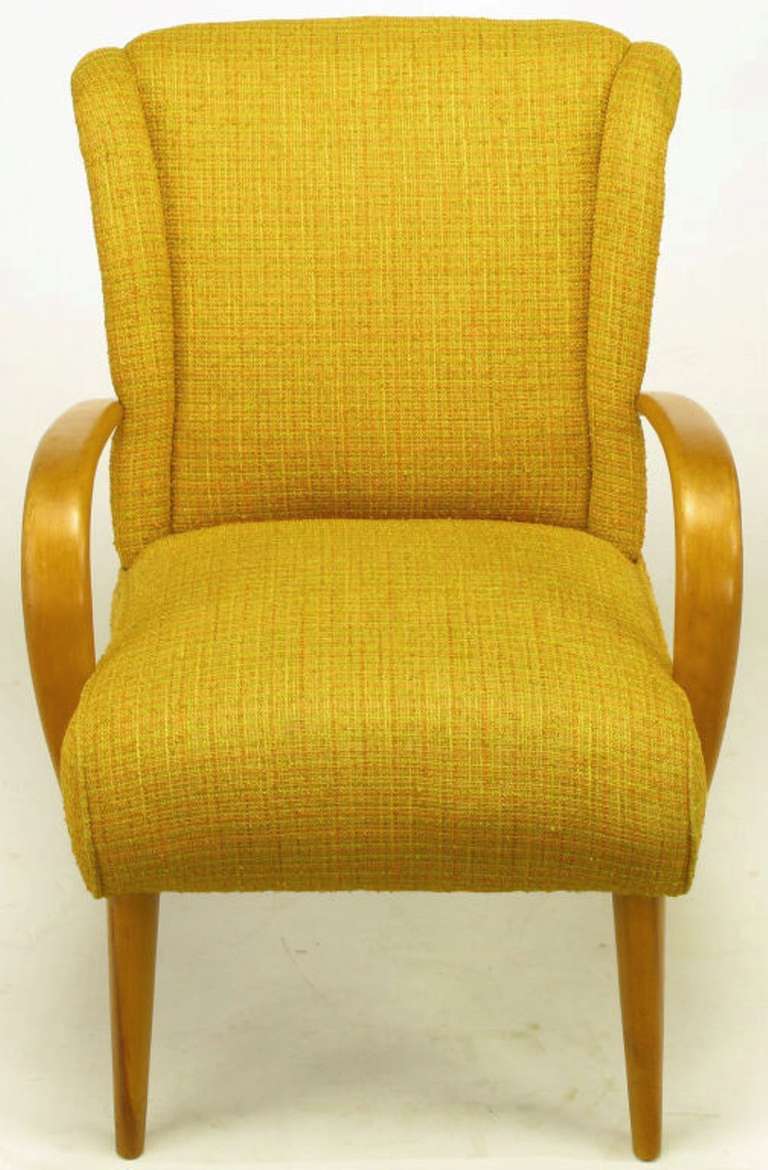 American Maple Wood and Saffron Upholstered Lounge Chair, circa 1940s