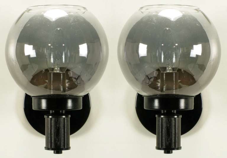 Pair Black Lacquered Metal & Wood Mirrored Globe Sconces In Excellent Condition In Chicago, IL