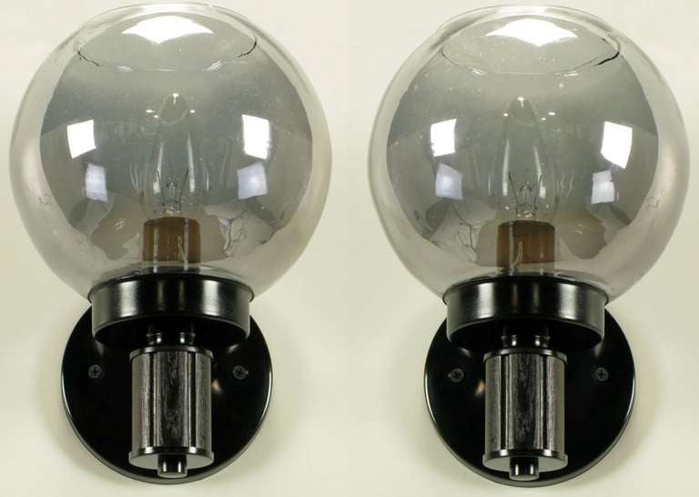 American Pair Black Lacquered Metal & Wood Mirrored Globe Sconces