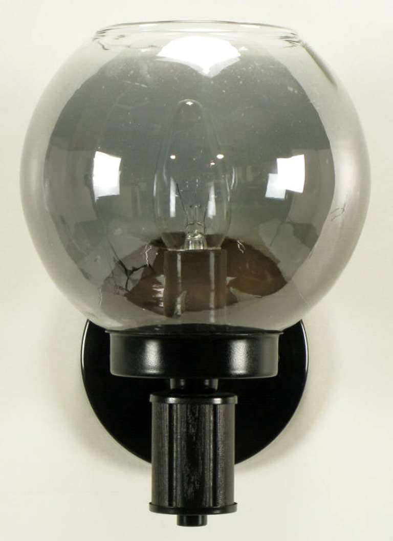 Mid-20th Century Pair Black Lacquered Metal & Wood Mirrored Globe Sconces