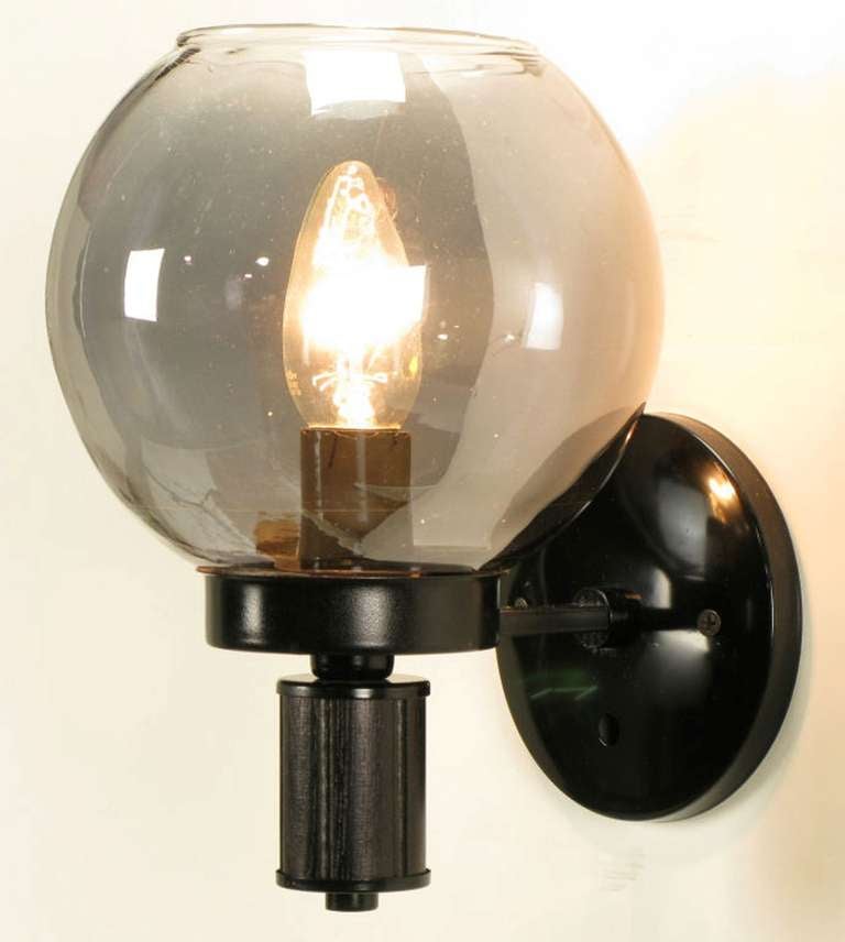 Pair Black Lacquered Metal & Wood Mirrored Globe Sconces 2