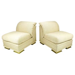 Vintage Pair of Henredon Deco Revival Slipper Chairs in Taupe Silk and Brass