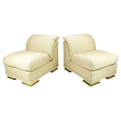 Pair of Henredon Deco Revival Slipper Chairs in Taupe Silk and Brass 8