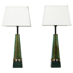 Pair of 1940s Lightolier Emerald Green Glass Obelisk Lamps