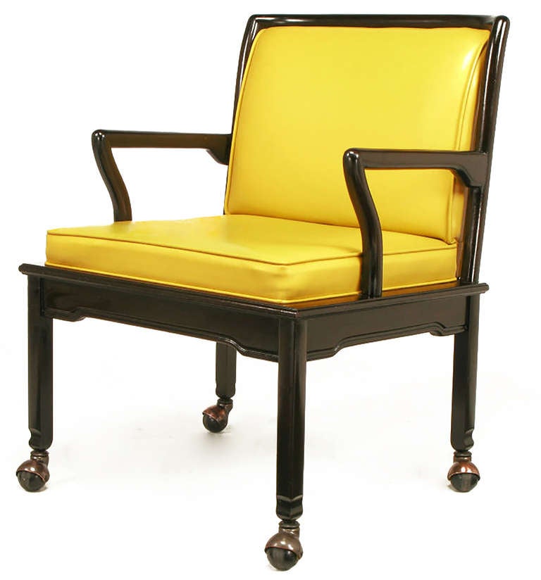 American Pair of Widdicomb Ebonized Wood and Saffron Upholstered Lounge Chairs For Sale