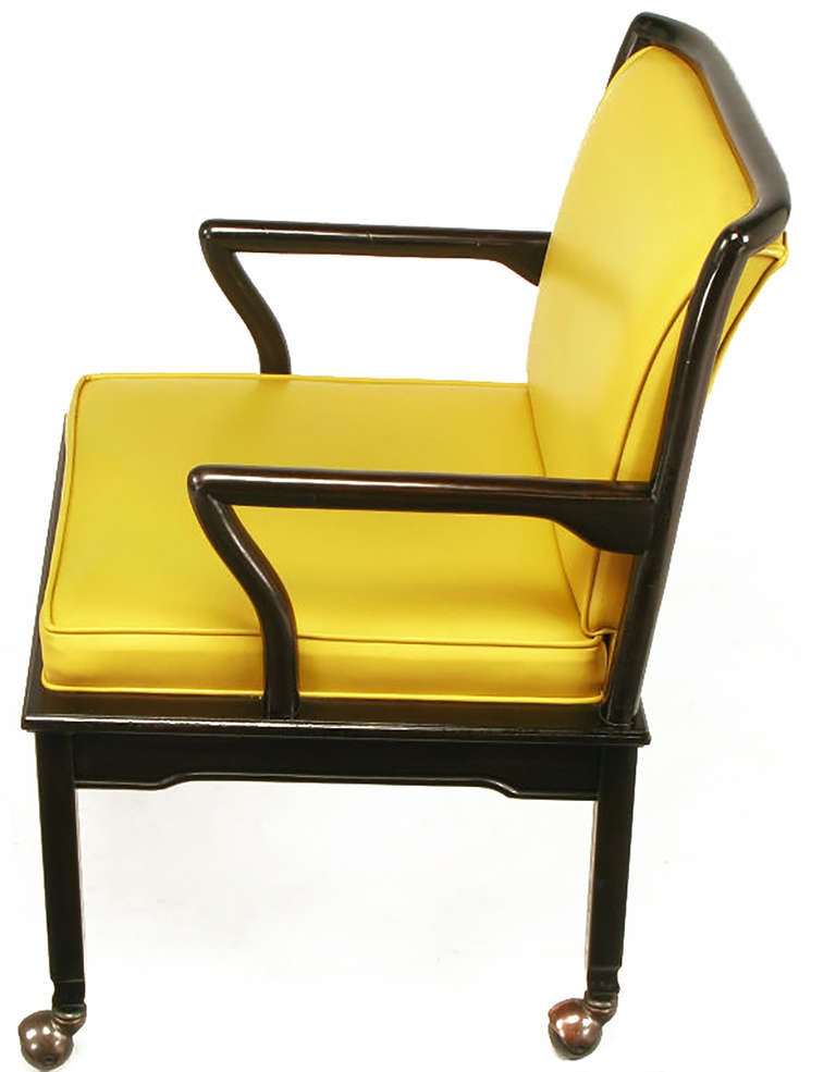 Pair of Widdicomb Ebonized Wood and Saffron Upholstered Lounge Chairs In Good Condition For Sale In Chicago, IL