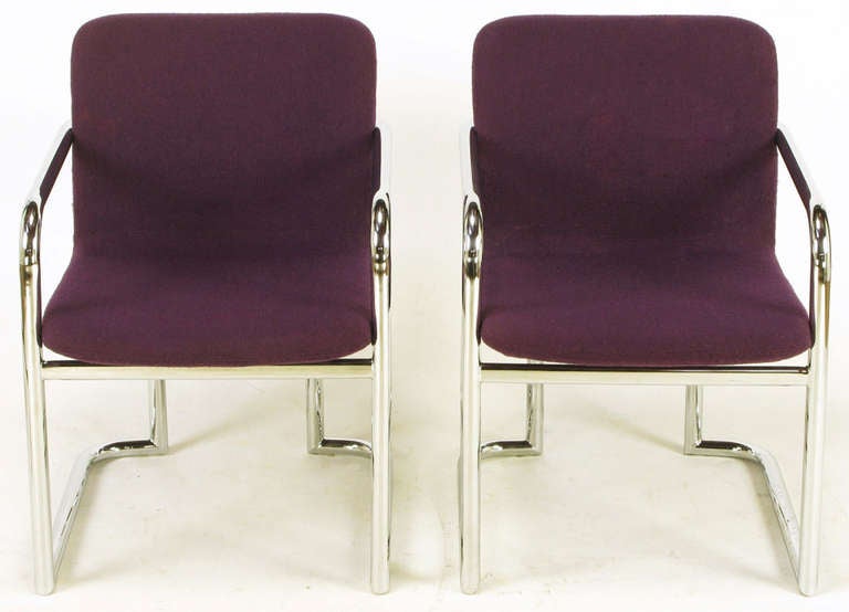 Pair of Chrome and Violet Wool Sled Armchairs In Good Condition For Sale In Chicago, IL