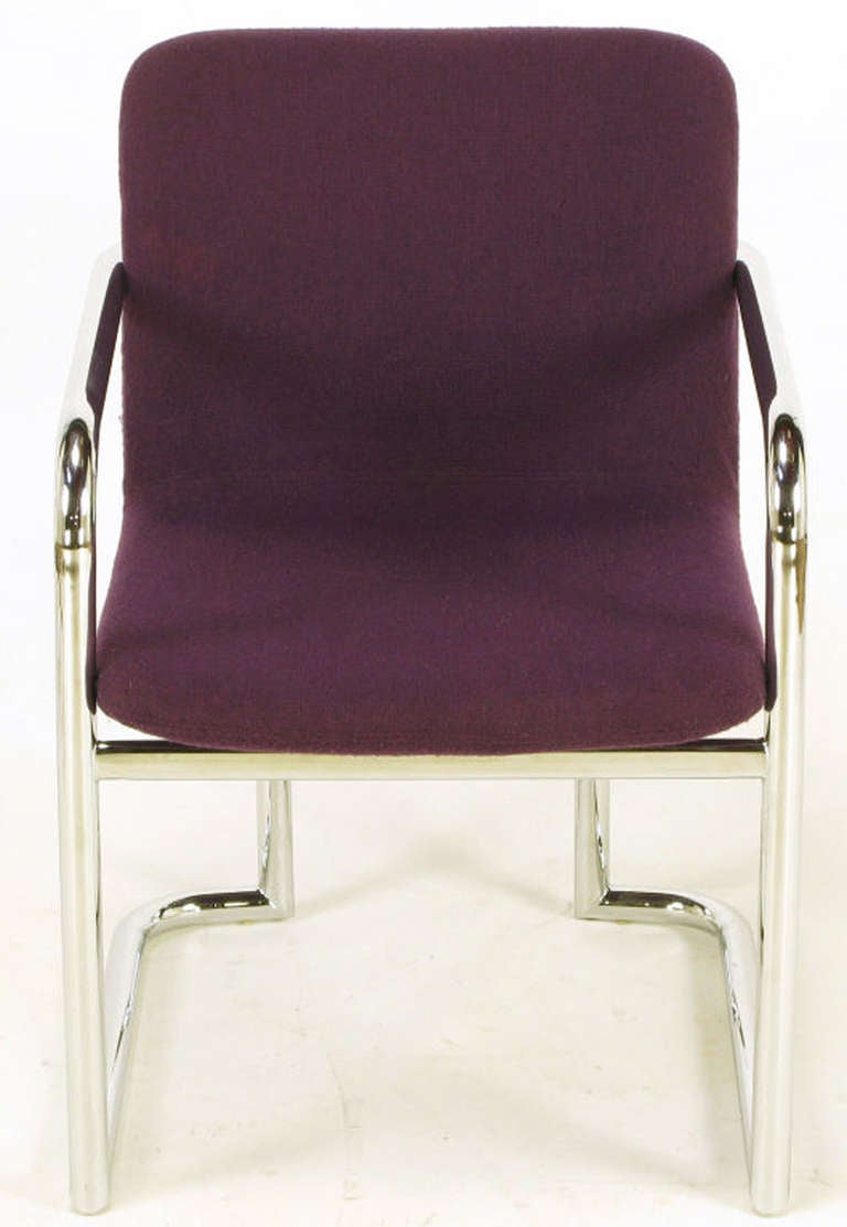 Pair of Chrome and Violet Wool Sled Armchairs For Sale 1