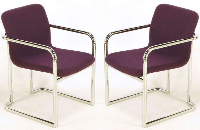 Most likely Italian in origin, one-piece seat and back armchairs with uncommon chrome round bar sled frame that wraps around to the back. Similar in appearance to the Mariani Chairs for Pace, yet more heavily constructed.