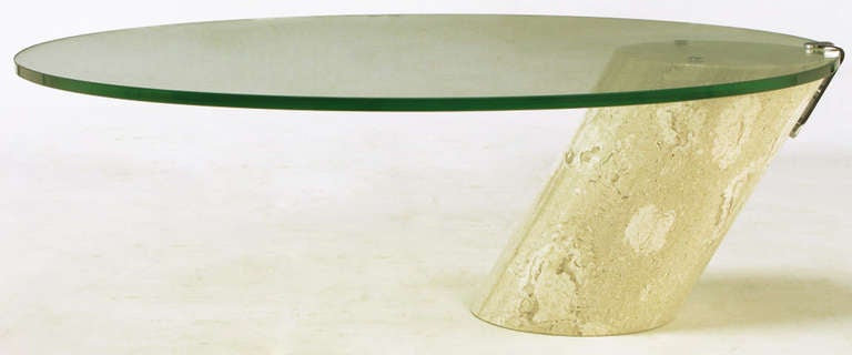 American Marble and Cantilever Oval Glass Coffee Table in the Manner of Brueton For Sale