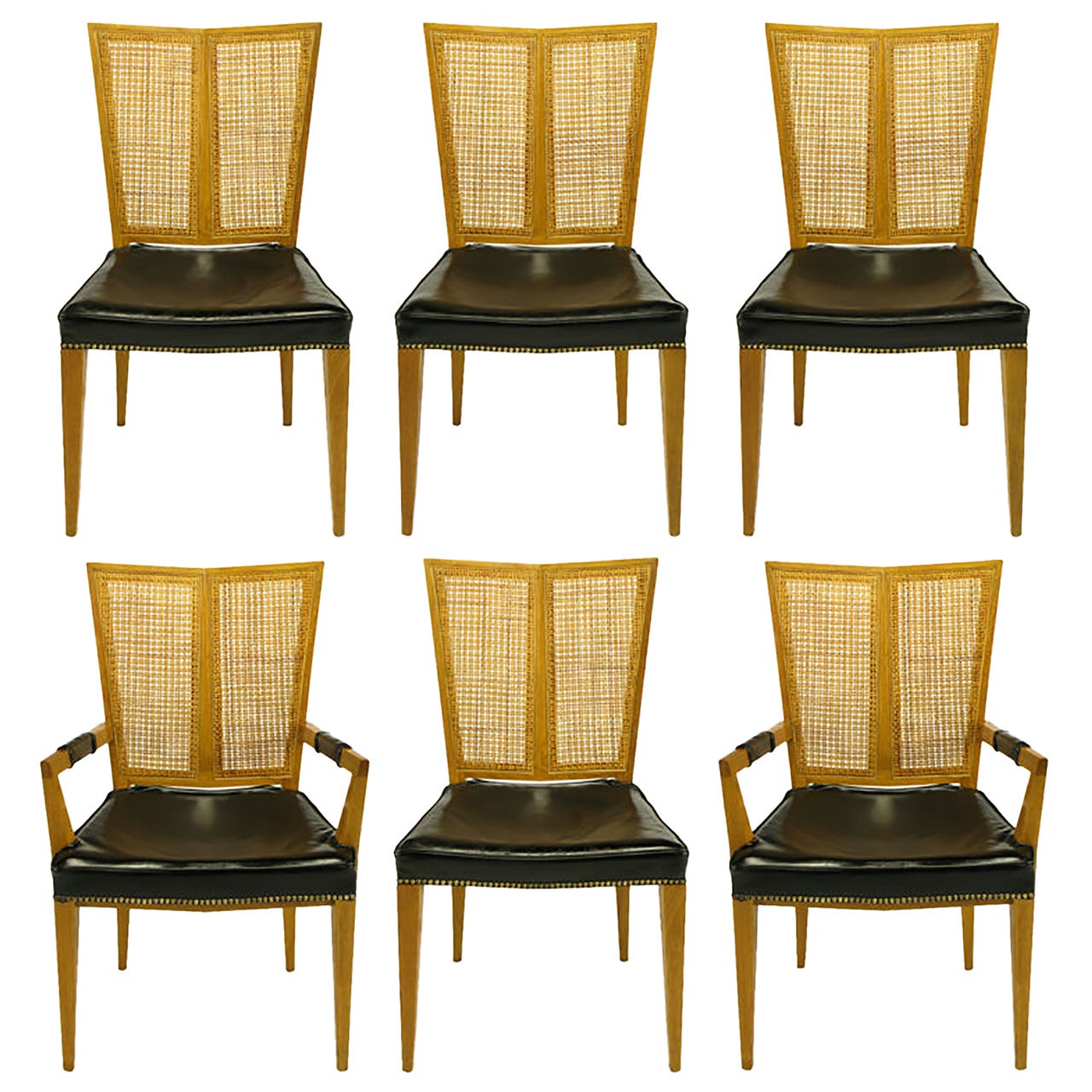 Set of Six Michael Taylor for Baker Walnut and Leather Dining Chairs